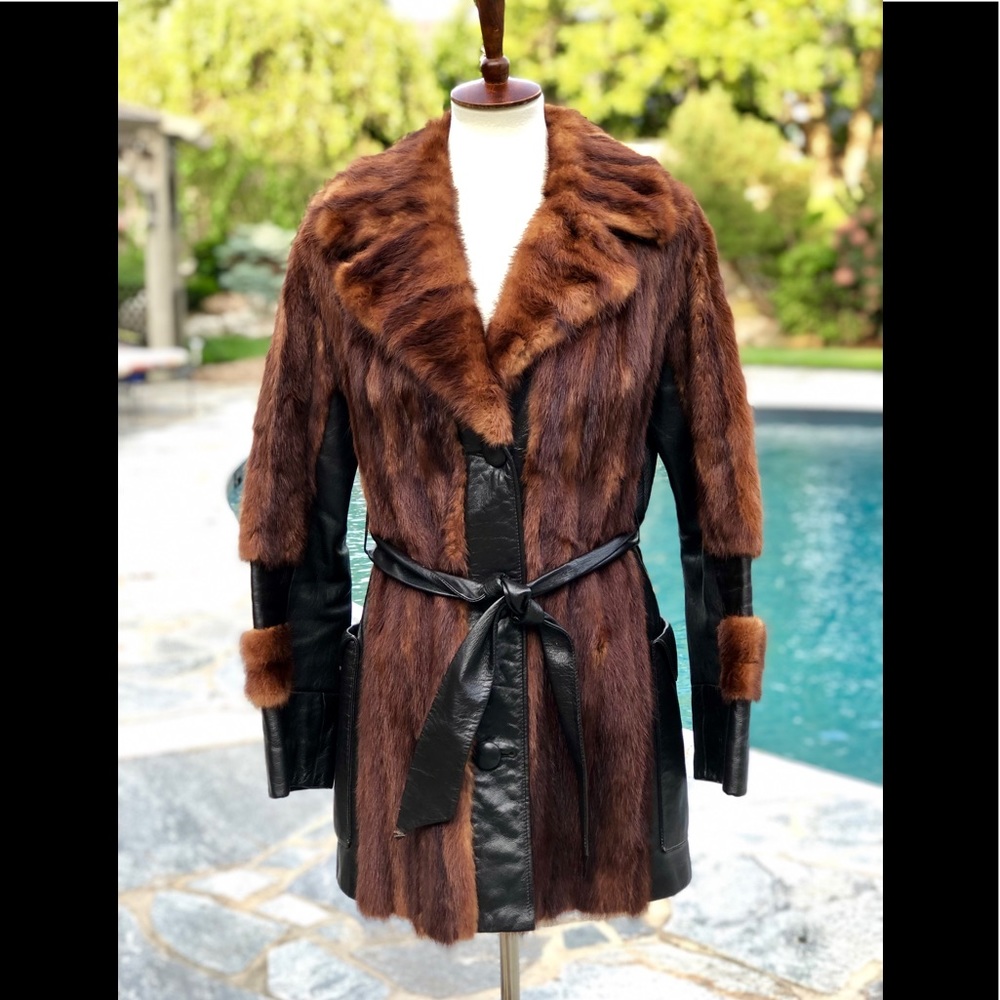 Vintage Brown Fur Coat with Black Leather Trim